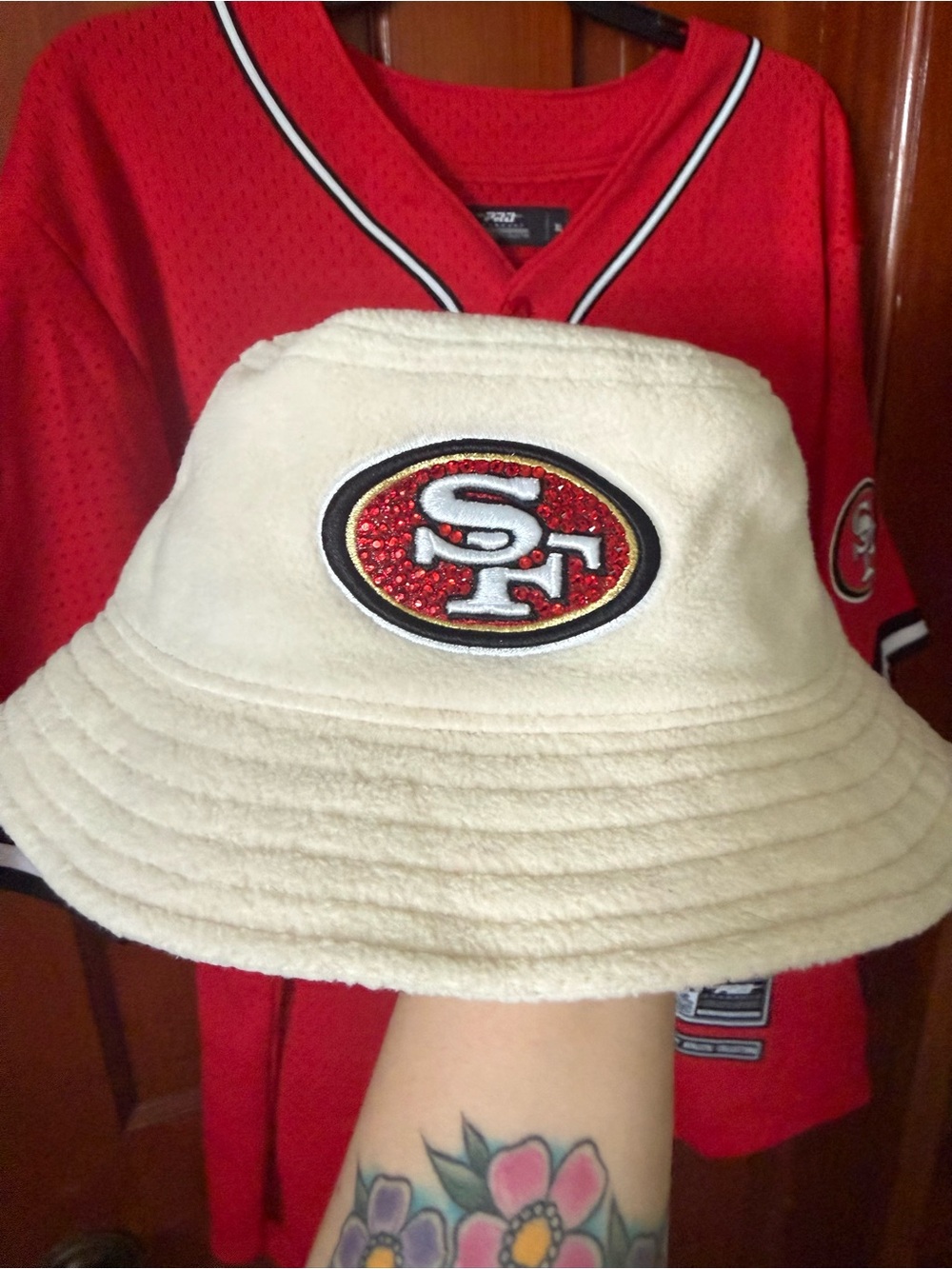 New Era Cream fleece Bucket Hat with Bedazzled Red SF Logo